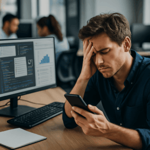Profissional distraído no ambiente de trabalho lidando com notificações constantes no celular