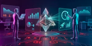 Dois gestores analisando painéis holográficos luminosos com gráficos financeiros e de gestão de tempo. A imagem ilustra o uso da tecnologia para calcular o custo da improdutividade e o prejuízo invisível nas empresas.
