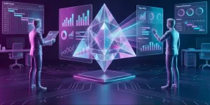 Ilustração 3D de dois gestores em um ambiente tecnológico analisando gráficos holográficos, painéis de dados e métricas de desempenho. Representa o uso de tecnologia avançada para medir a produtividade da equipe sem achismos.
