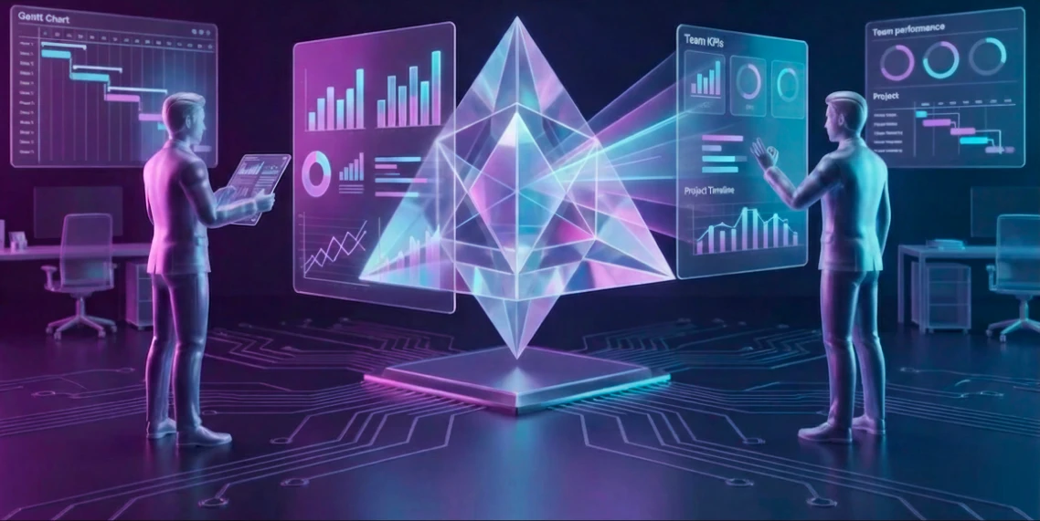 Ilustração 3D de dois gestores em um ambiente tecnológico analisando gráficos holográficos, painéis de dados e métricas de desempenho. Representa o uso de tecnologia avançada para medir a produtividade da equipe sem achismos.