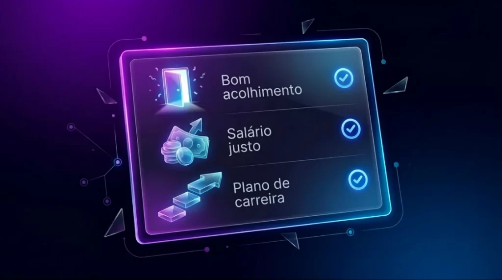 Ilustração futurista de estilo SaaS com iluminação neon roxa e azul, apresentando um checklist flutuante de vidro que simboliza um processo de retenção de talentos. Três itens estão marcados com ícones de verificação brilhantes: um boas-vindas de onboarding de qualidade, um ícone de salário justo e uma seta de crescimento de carreira, tudo em um design de UI minimalista.