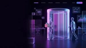Ilustração 3D em estilo SaaS futurista com iluminação neon roxa e azul, mostrando uma porta giratória de vidro que simboliza a rotatividade de funcionários. Um colaborador sai carregando uma caixa enquanto outro entra no escritório moderno e minimalista.