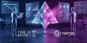 Uma imagem futurista e simétrica comparando abordagens de gestão: 'TIME IS MONEY' (azul) foca em cronogramas de projetos e eficiência; 'fsense' (rosa) foca em KPIs de equipe e produtividade. Duas figuras em 3D interagem com painéis de dados holográficos.