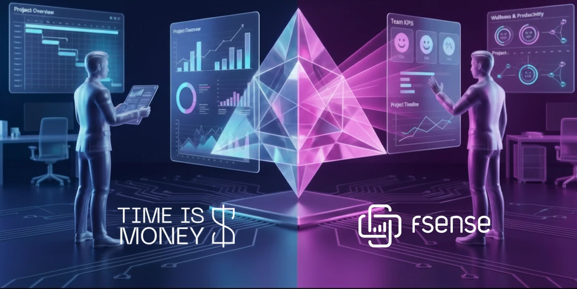 Uma imagem futurista e simétrica comparando abordagens de gestão: 'TIME IS MONEY' (azul) foca em cronogramas de projetos e eficiência; 'fsense' (rosa) foca em KPIs de equipe e produtividade. Duas figuras em 3D interagem com painéis de dados holográficos.
