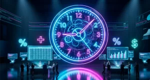 Ilustração 3D em estilo futurista com iluminação neon azul e roxa. Um grande relógio holográfico ao centro, com profissionais de RH interagindo com painéis e calculadoras digitais, representando a automação do cálculo de horas extras.