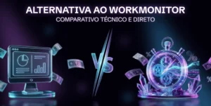Banner com fundo escuro e letreiro neon com o texto "Alternativa ao Workmonitor: Comparativo Técnico e Direto". Abaixo, no lado esquerdo, há um monitor digital exibindo gráficos de dados; ao centro, um símbolo luminoso de "VS"; e no lado direito, um relógio tecnológico brilhante com engrenagens, cercado por cédulas de dinheiro e símbolos de porcentagem flutuantes.