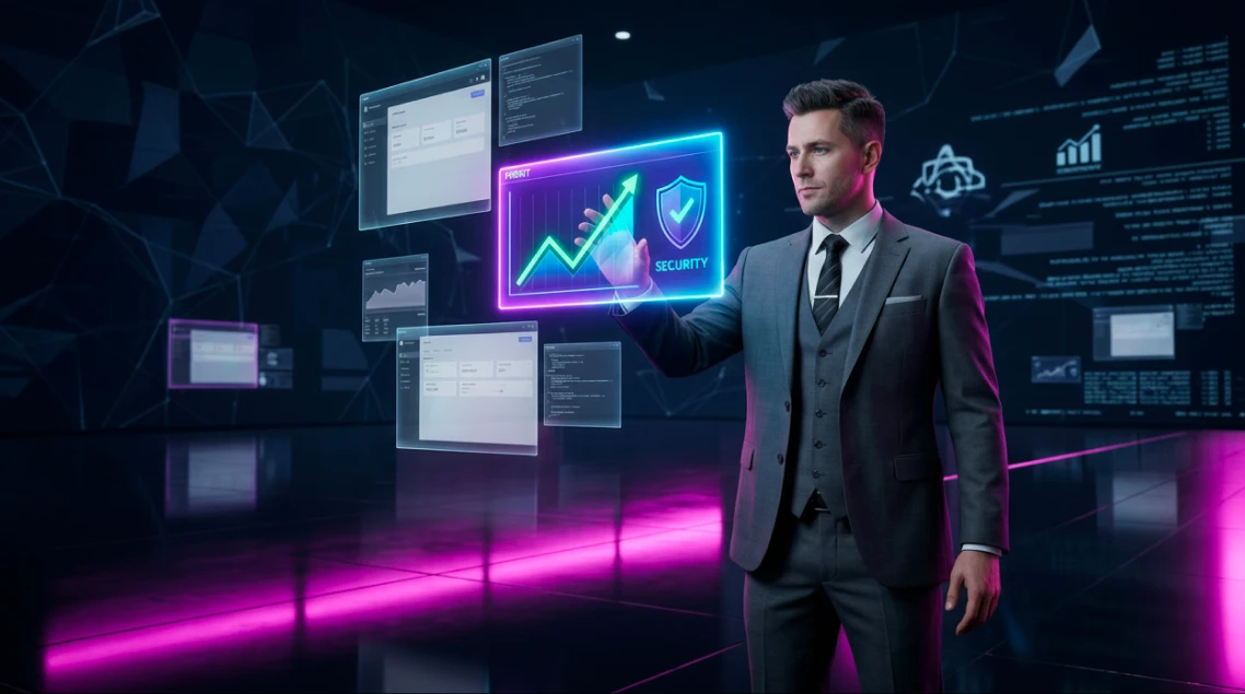 Ilustração 3D futurista de um gestor escolhendo um software de monitoramento de funcionários entre várias opções holográficas flutuantes, com iluminação neon azul e roxa.