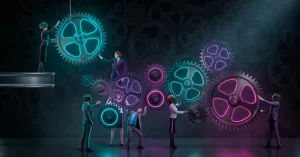 Ilustração de profissionais interagindo com grandes engrenagens luminosas em neon azul e rosa, simbolizando a engrenagem corporativa e o desafio de como identificar funcionários improdutivos na equipe.