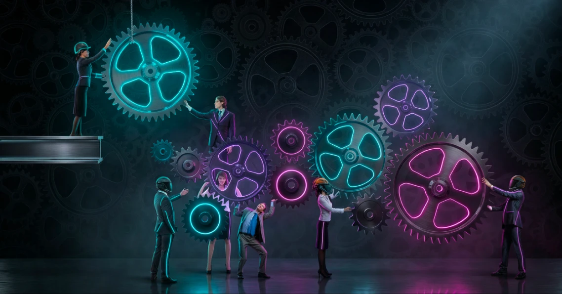 Ilustração de profissionais interagindo com grandes engrenagens luminosas em neon azul e rosa, simbolizando a engrenagem corporativa e o desafio de como identificar funcionários improdutivos na equipe.