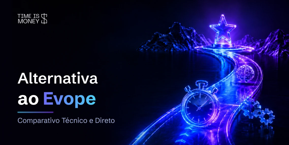 Capa do artigo Alternativa ao Evope: Comparativo Técnico e Direto, mostrando um caminho de neon iluminado com um cronômetro, cérebro e engrenagens, representando a tecnologia do Time is Money.