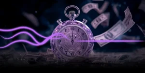 Cronômetro de cristal iluminado em roxo com notas de dinheiro voando ao fundo, simbolizando o tempo e o dinheiro perdidos devido à procrastinação no trabalho.