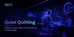 Ilustração digital em tons de neon azul e roxo mostrando um profissional trabalhando no computador à noite, com um gráfico de produtividade em queda e o texto "Quiet Quitting: O Que É e Como Afeta a Produtividade da Sua Equipe". Logo da Time Is Money no canto superior esquerdo.