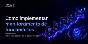 Infográfico mostrando 5 etapas para implementar monitoramento de funcionários: definir objetivos, estabelecer políticas, comunicar com clareza, executar piloto e monitorar com transparência e conformidade