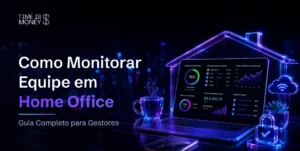 Dashboard de monitoramento de equipe em home office com índice de produtividade de 76% e custo de improdutividade em R$