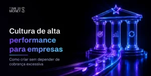 Ilustração de templo grego neon com três pilares representando os fundamentos da cultura de alta performance: metas, indicadores e melhoria contínua, com estrela no topo simbolizando excelência