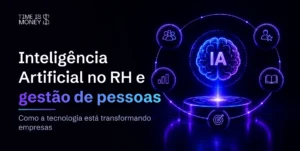Cérebro digital com IA conectado a cinco áreas da gestão de pessoas: equipes, desenvolvimento, indicadores, aprendizado e metas, representando a inteligência artificial no RH