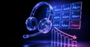 Headset com microfone em estilo neon azul e fúcsia, conectado a telas de gráficos e linhas de dados, com barras em tendência de crescimento e ambiente de tecnologia e análise.