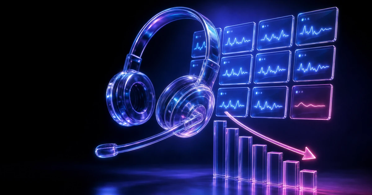 Headset com microfone em estilo neon azul e fúcsia, conectado a telas de gráficos e linhas de dados, com barras em tendência de crescimento e ambiente de tecnologia e análise.