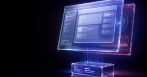 Ilustração em estilo futurista com interface holográfica de software, painéis com dados e gráficos em um ambiente escuro com efeito de luz azul e roxa, sugerindo tecnologia e computação