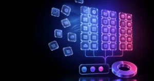 Ilustração de tecnologia com ícones de aplicativos e comunicação em cubos luminosos, incluindo nuvem, mensagens e mídia, com fita e anel de dados em destaque ao fundo azul e roxo.