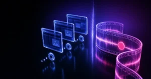 Ilustração digital com interface de vídeo e data em telas holográficas azuis, iluminação em feixe e fita de filme com padrões sonoros em tom roxo e rosa, estilo tecnologia e mídia.