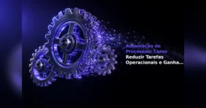 Engrenagens se transformando em uma rede digital roxa com o título "Automação de Processos".