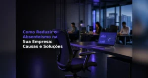 Cadeira de escritório preta vazia em frente a uma mesa com um notebook aberto mostrando gráficos de análise de dados. Ao fundo desfocado, profissionais trabalham em um escritório com pouca iluminação e tons de azul. À esquerda, aparece o texto em destaque "Como Reduzir o Absenteísmo na Sua Empresa: Causas e Soluções".