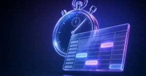 Ilustração em estilo neon de um relógio de bolso sobreposto a um ícone de calendário, com sensação de planejamento, controle do tempo e produtividade em fundo azul escuro