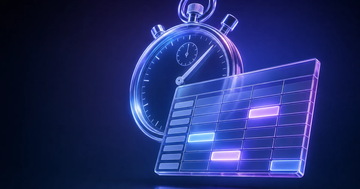 Ilustração em estilo neon de um relógio de bolso sobreposto a um ícone de calendário, com sensação de planejamento, controle do tempo e produtividade em fundo azul escuro
