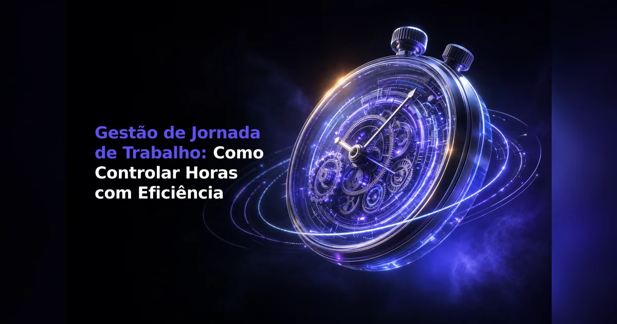 Ilustração 3D de um cronômetro tecnológico e futurista flutuando em um fundo escuro, iluminado por feixes de luz neon em tons de azul e roxo. O interior do relógio exibe engrenagens complexas e luminosas. À esquerda, está escrito o texto em roxo e branco: "Gestão de Jornada de Trabalho: Como Controlar Horas com Eficiência