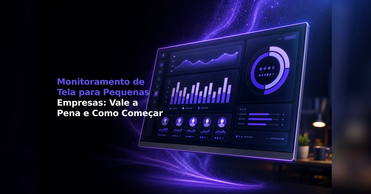 Ilustração digital de um painel de controle tecnológico flutuante com gráficos de barras, medidores circulares e ícones de perfis de usuários em tons de roxo neon sobre um fundo escuro. À esquerda, destaca-se o texto em branco e roxo: "Monitoramento de Tela para Pequenas Empresas: Vale a Pena e Como Começar". Ao fundo, à direita, há um ambiente de escritório sutilmente desfocado com uma luminária acesa.