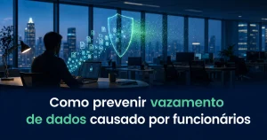 Homem trabalhando em um notebook no escritório à noite, com um escudo holográfico brilhante interceptando dados virtuais e o título "Como prevenir vazamento de dados causado por funcionários".