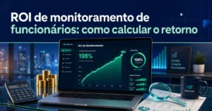 Dashboard do software WorkLens em um notebook exibindo gráfico com 198% de ROI de monitoramento de funcionários sobre mesa de escritório.