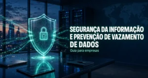 Escudo digital com cadeado em escritório corporativo, simbolizando segurança da informação e prevenção de vazamento de dados